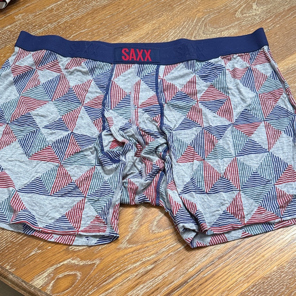 SAXX Men's Boxer Briefs with Geometric Pattern - Red, Blue, Gray Damaged Box